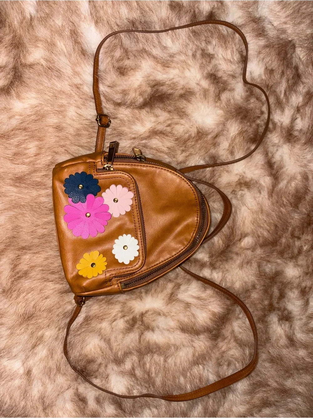 Fossil Brown backpack Bag with Colorful Flower Appliqués